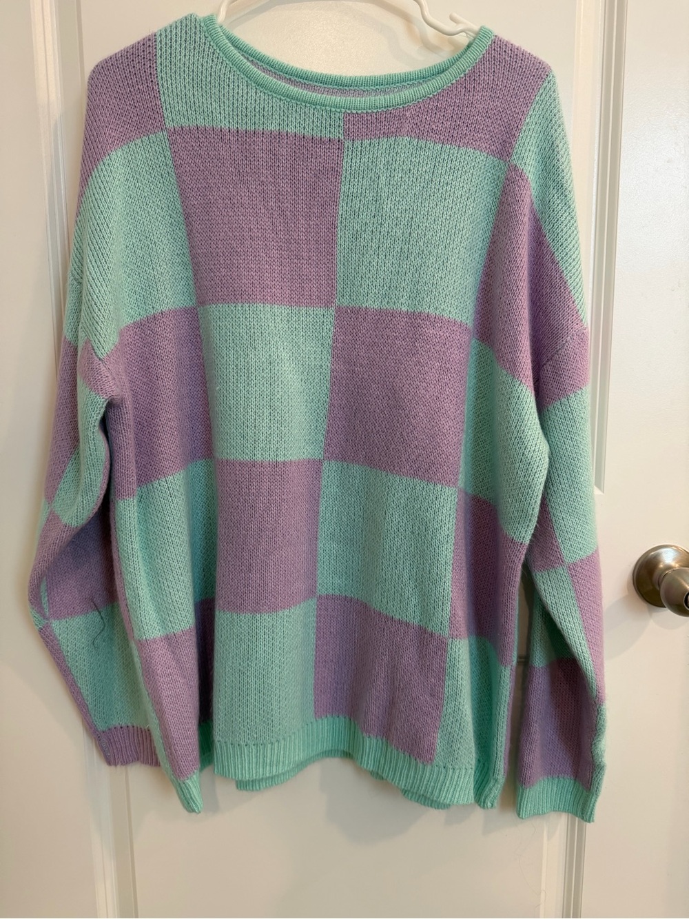 Mint and Lavender Checkerboard Knit Sweater